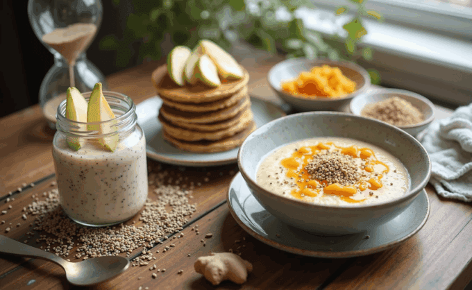 Three low histamine vegan breakfasts: coconut chia pudding in jar, buckwheat pancakes with pear puree, and ginger millet congee. Surrounded by chia seeds, pumpkin seeds, fresh ginger, and 15-minute hourglass timer. Morning sunlight on rustic wood table.