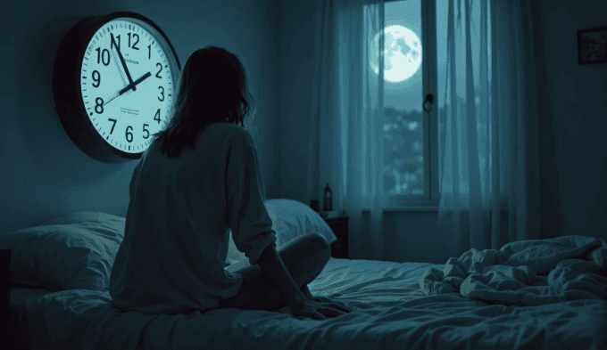Woman awake at 2:00 AM sitting beside bed with anxious expression and wall clock showing time — depicting histamine dump at night symptoms