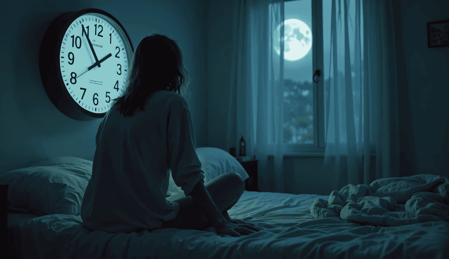 Woman awake at 2:00 AM sitting beside bed with anxious expression and wall clock showing time — depicting histamine dump at night symptoms