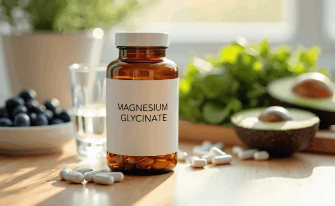 Magnesium glycinate bottle with capsules beside a glass of water and healthy low-histamine foods in soft natural light