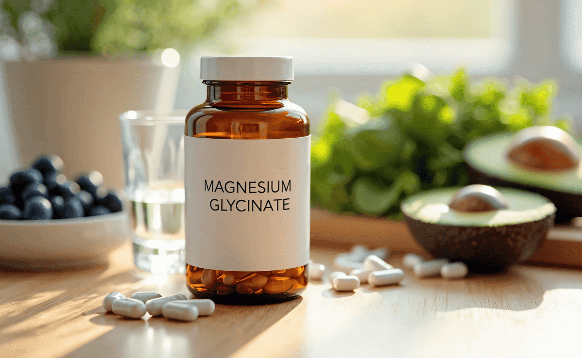 Magnesium glycinate bottle with capsules beside a glass of water and healthy low-histamine foods in soft natural light