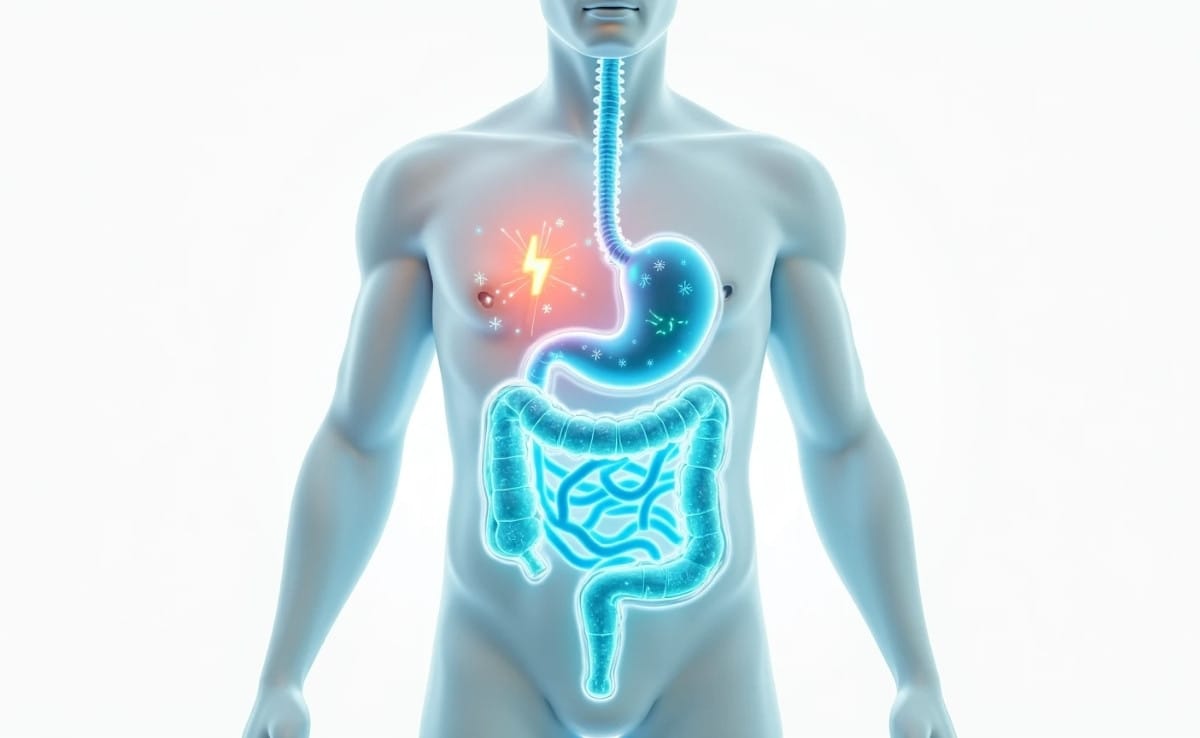 3D medical illustration of probiotics repairing the gut lining with visual elements of gut-brain connection, immune support, and histamine balance.