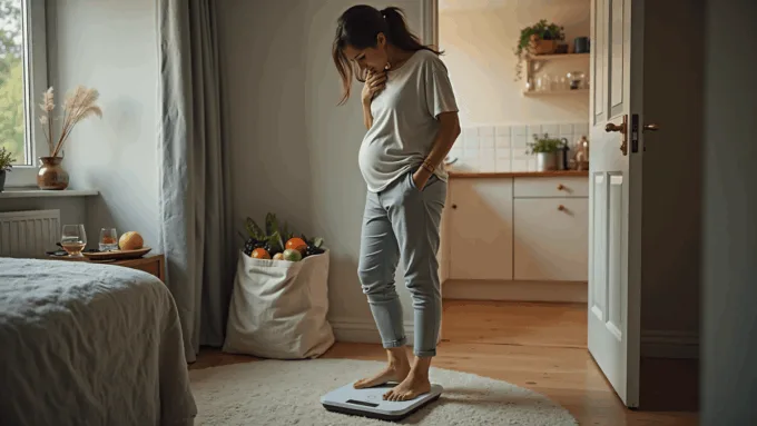 Can histamine intolerance cause weight gain? Worried woman on scale with wine glass and pills, low-histamine groceries visible in doorway.