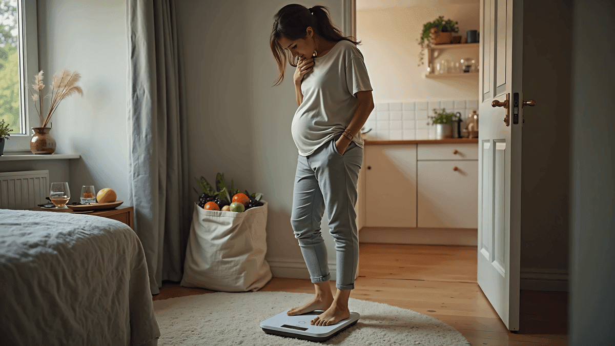 Can histamine intolerance cause weight gain? Worried woman on scale with wine glass and pills, low-histamine groceries visible in doorway.