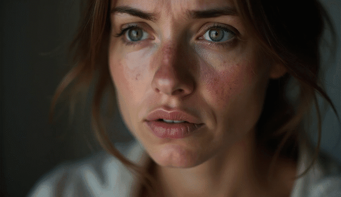 Woman with worried expression displaying facial flushing and redness, a common symptom of histamine intolerance (HIT).