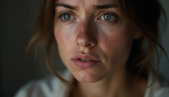 Woman with worried expression displaying facial flushing and redness, a common symptom of histamine intolerance (HIT).