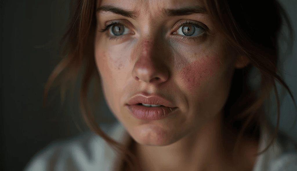 Woman with worried expression displaying facial flushing and redness, a common symptom of histamine intolerance (HIT).