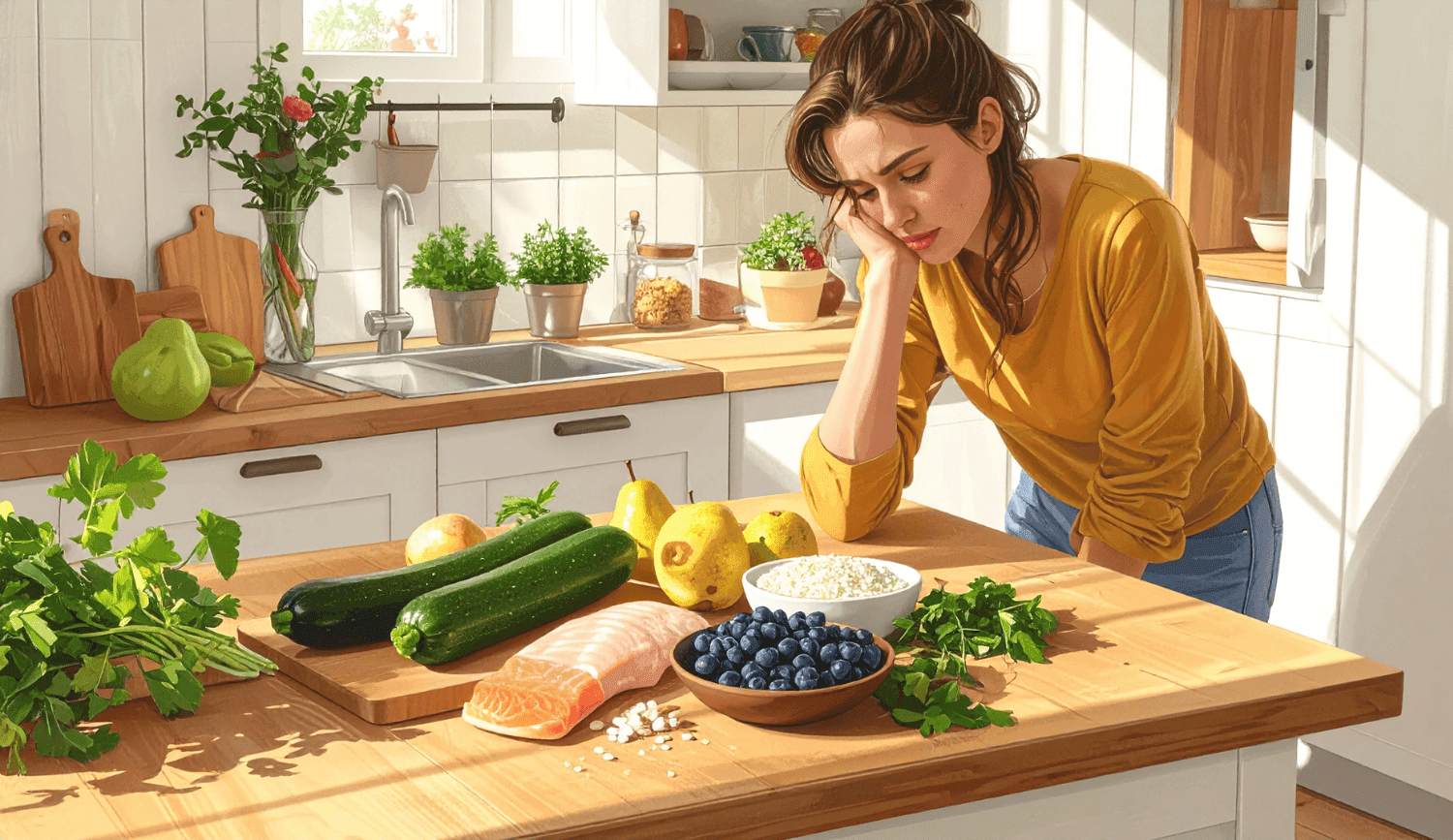 Illustration showing a confused woman's journey from confusion to clarity for histamine intolerance and MCAS management, featuring a symptom tracker journal.