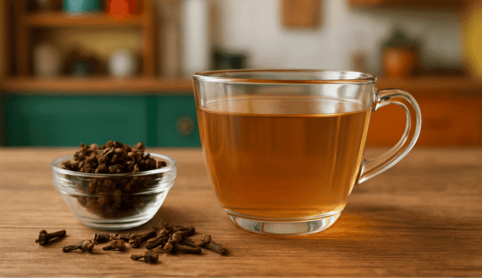Cup of clove water for histamine intolerance with cloves on a kitchen table, natural lighting, healthy drink concept