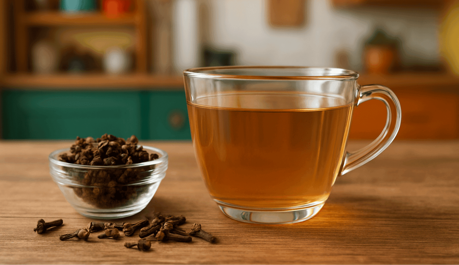 Cup of clove water for histamine intolerance with cloves on a kitchen table, natural lighting, healthy drink concept