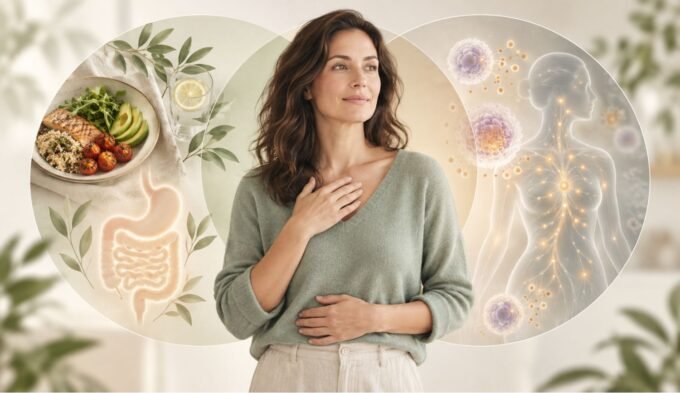 Woman with digestive and immune-health imagery illustrating MCAS vs histamine intolerance