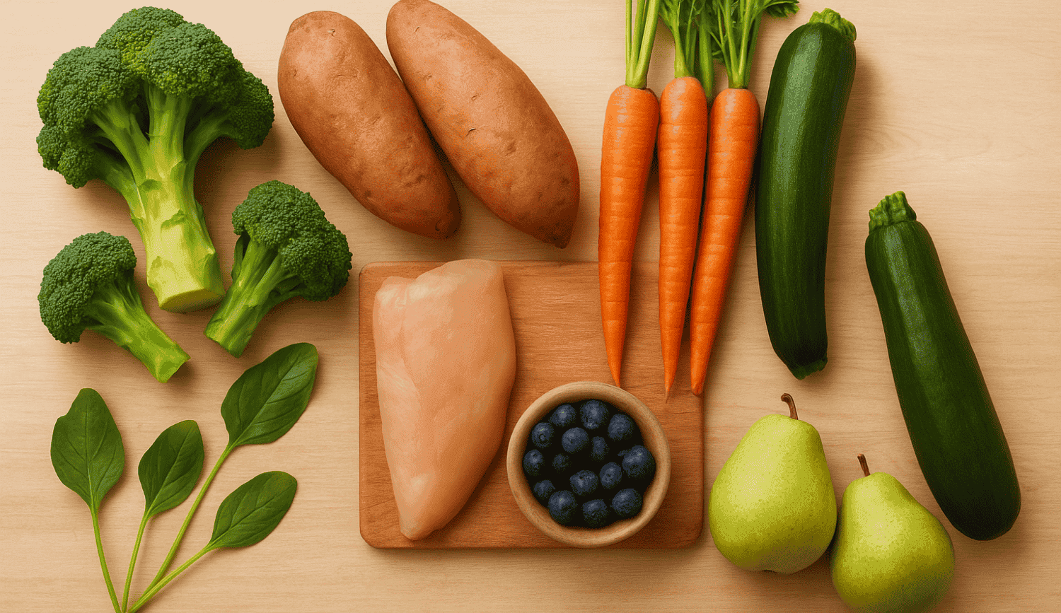 Colorful assortment of fresh low histamine foods including sweet potatoes, broccoli, carrots, chicken and blueberries arranged on a wooden table