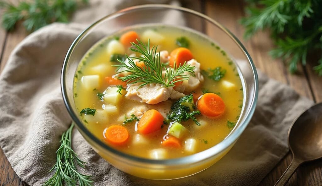 Recipe 1 of Low Histamine Soup Recipes Bowl of golden low histamine chicken soup with fresh dill, parsley, carrots, celery, and zucchini on wooden table, MCAS friendly recipe