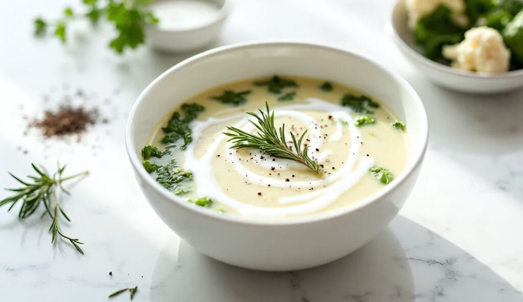Creamy low histamine cauliflower and kale soup with coconut milk swirl and fresh rosemary garnish, gut healing recipe
