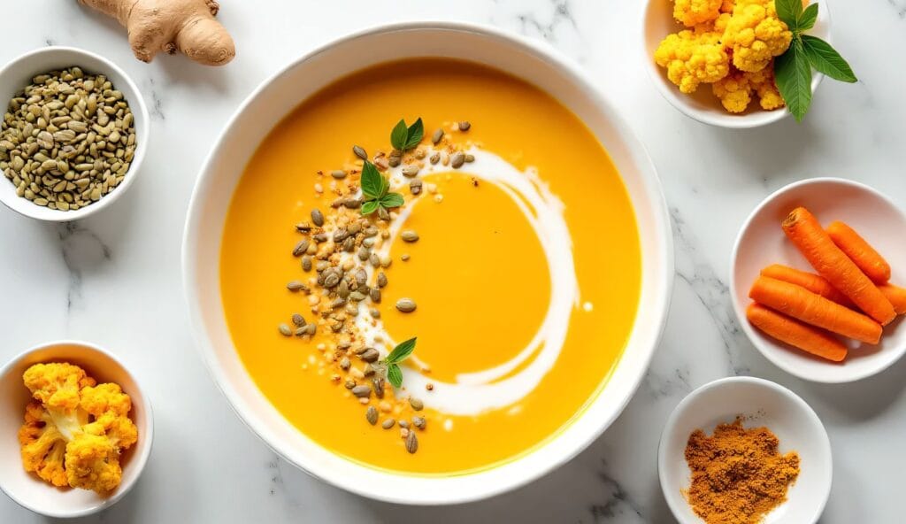 Golden cauliflower and carrot coconut cream soup with seeds and herbs, low histamine anti-inflammatory recipe