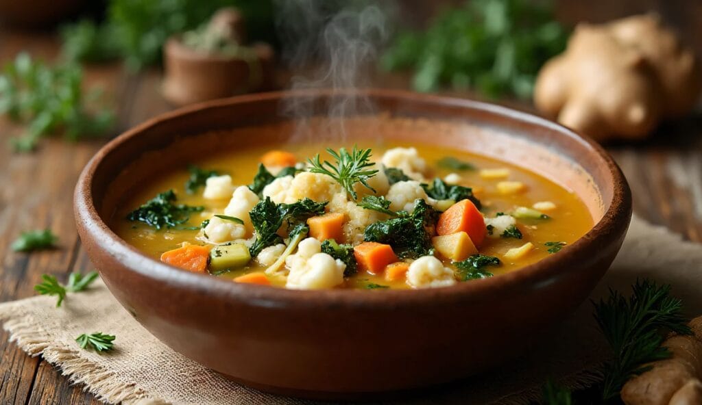 Golden ginger turkey soup with fresh vegetables, turmeric, and herbs in bowl, low histamine dinner recipe for MCAS