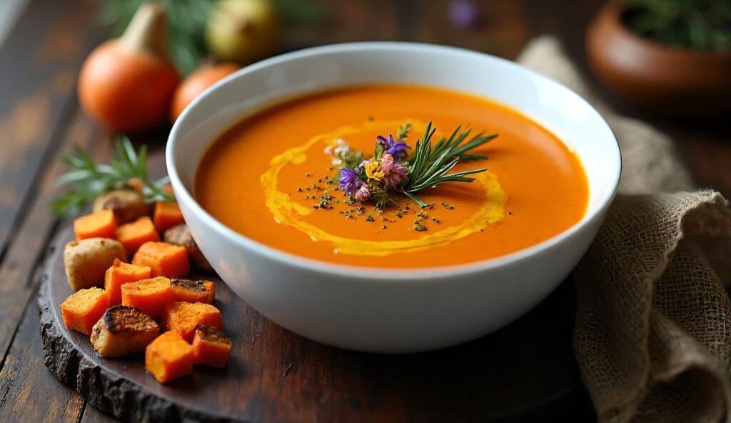 Smooth harvest root vegetable bisque with olive oil drizzle and fresh herbs, low histamine fall soup recipe