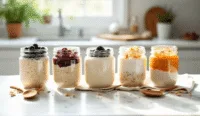 Five glass jars containing histamine friendly overnight oats in different flavor variations including vanilla, berry, pumpkin spice, protein-powered, and apple pie arranged on a white surface