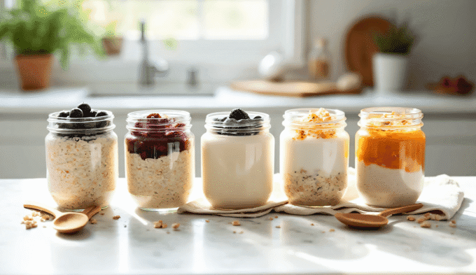 Five glass jars containing histamine friendly overnight oats in different flavor variations including vanilla, berry, pumpkin spice, protein-powered, and apple pie arranged on a white surface