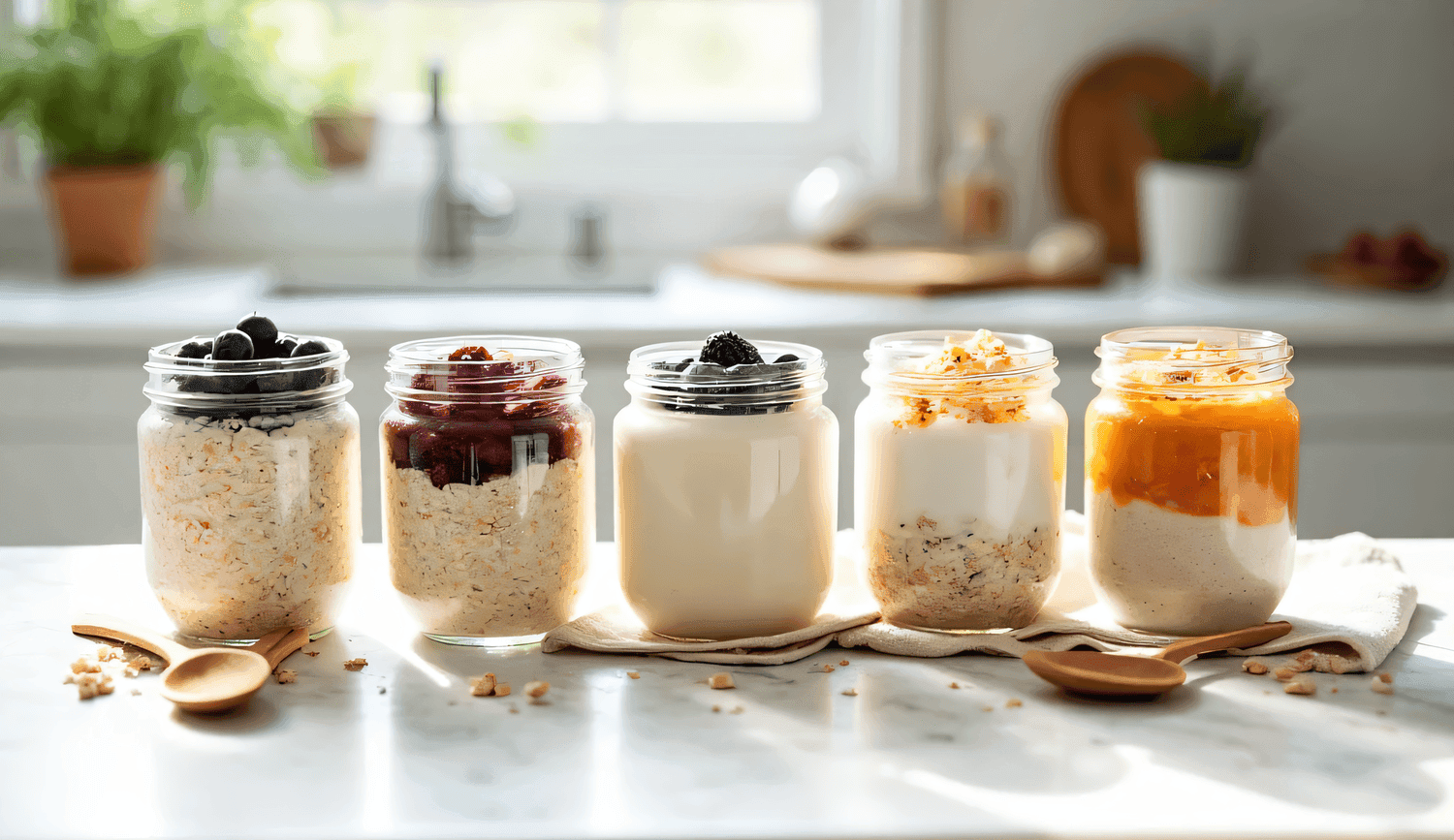 Five glass jars containing histamine friendly overnight oats in different flavor variations including vanilla, berry, pumpkin spice, protein-powered, and apple pie arranged on a white surface