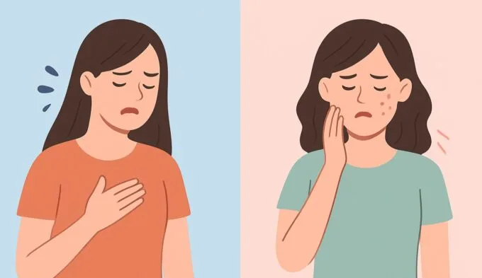Comparison women showing differences between histamine intolerance vs allergies symptoms