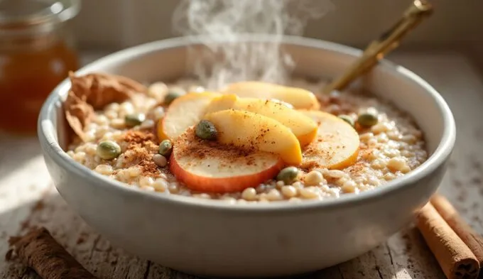 Bowl of low histamine quinoa porridge with fresh apple slices and Ceylon cinnamon topping