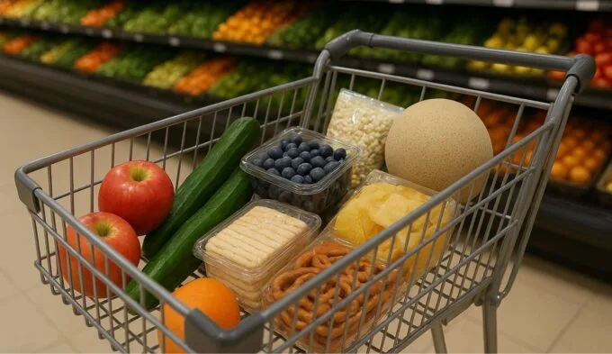 Assortment of fresh low histamine snacks including apples, rice cakes, cucumbers, and plain pretzels arranged on a grocery store counter