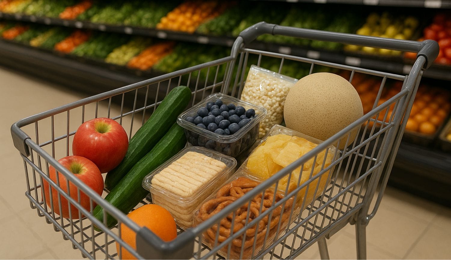 Assortment of fresh low histamine snacks including apples, rice cakes, cucumbers, and plain pretzels arranged on a grocery store counter
