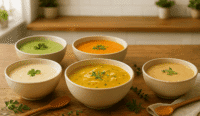 low histamine soup recipes bowls with fresh herbs and vegetables on wooden table, MCAS friendly meal
