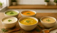 low histamine soup recipes bowls with fresh herbs and vegetables on wooden table, MCAS friendly meal