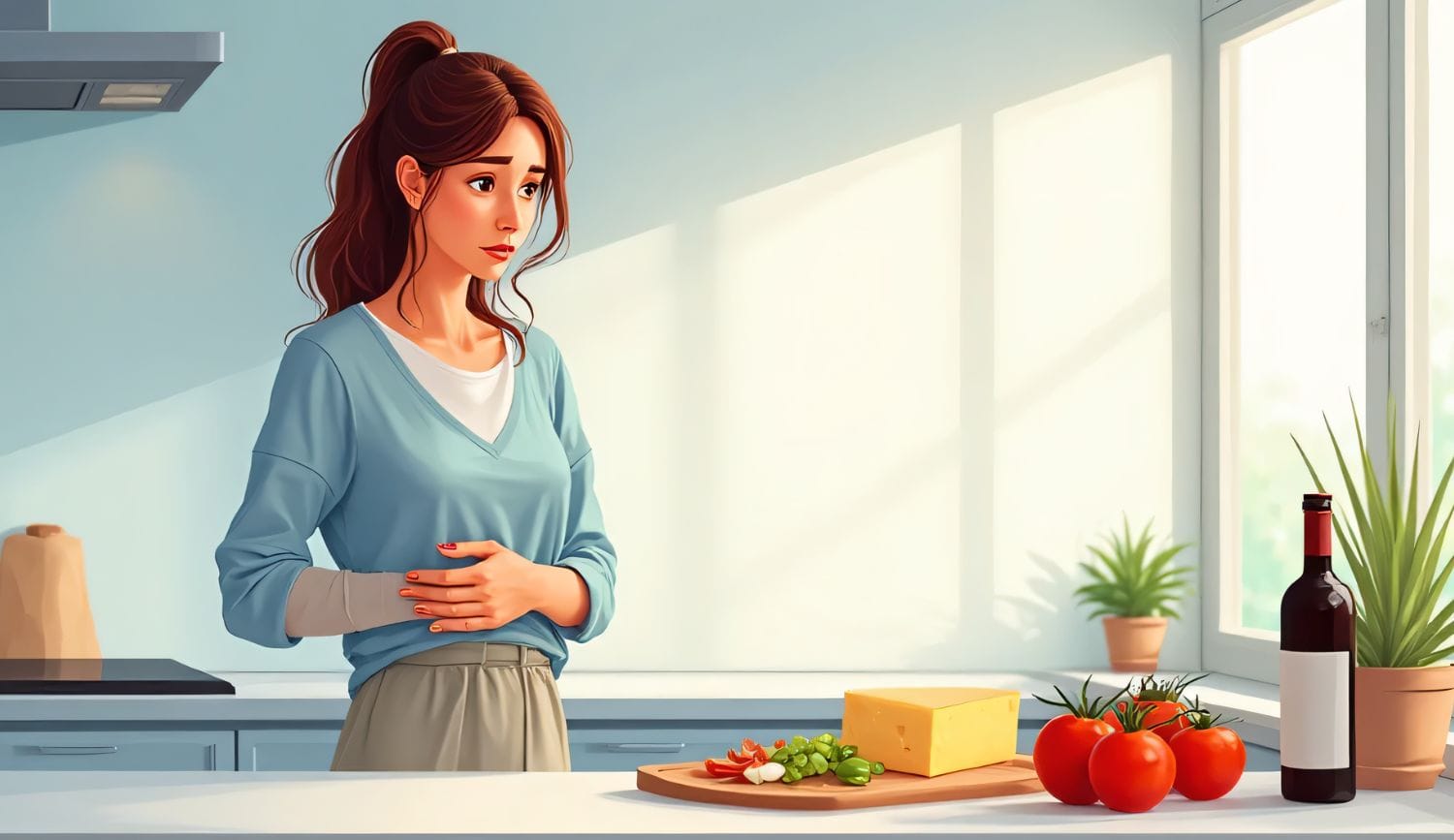 Woman experiencing sudden histamine intolerance symptoms while looking at food in kitchen