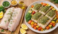 Quick herb-crusted baked cod with roasted vegetables