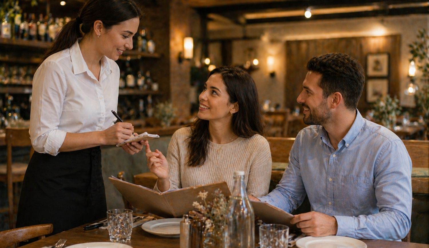 couple ordering food in restaurant with waiter standing beside table clean setup empty plates and water bottle Eating out with histamine intolerance