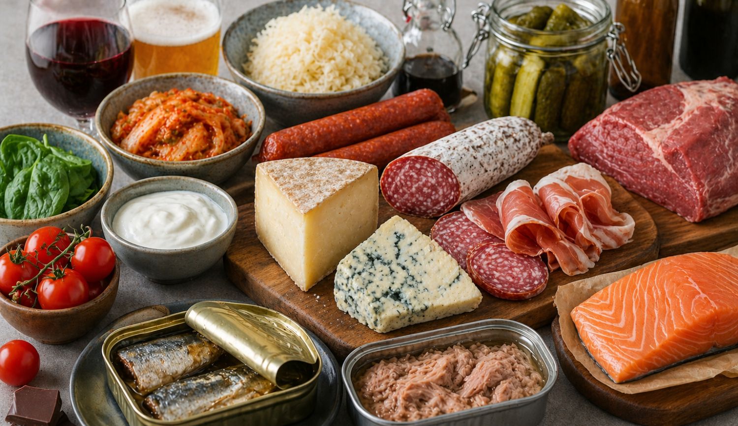 high histamine foods list including aged cheese processed meats fermented foods and alcohol for histamine intolerance