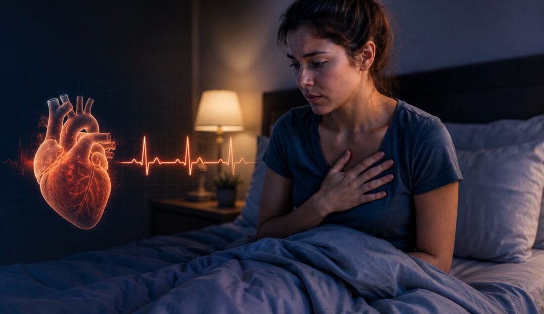 Woman sitting awake in bed with glowing heart rhythm illustration representing nighttime heart palpitations and histamine-related nervous system activation.