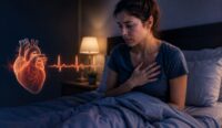Woman sitting awake in bed with glowing heart rhythm illustration representing nighttime heart palpitations and histamine-related nervous system activation.