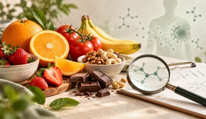 Commonly listed histamine liberator foods including citrus, strawberries, tomato, banana, chocolate and nuts beside a magnifying glass.