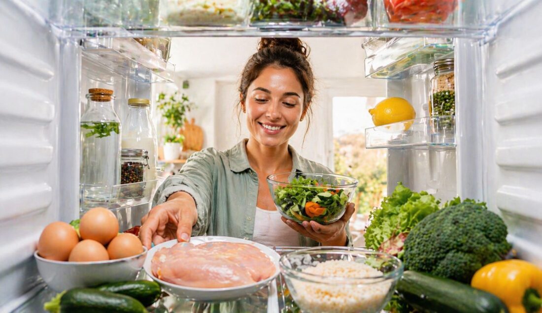 woman choosing histamine safe foods from fridge with fresh vegetables protein and simple healthy ingredients