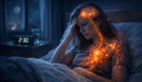 Illustration of a woman awake at night with histamine activity affecting sleep and causing symptoms like anxiety and insomnia by Histamine Worse at Night symptoms