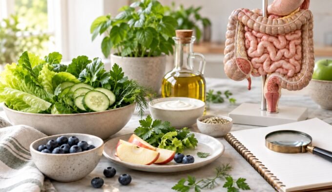 Fresh foods beside an anatomical intestinal model representing DAO function and histamine breakdown to answer how to increase dao naturally