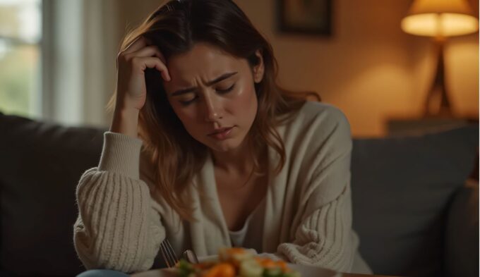 Woman with low DAO levels showing post-meal symptoms like headache and fatigue