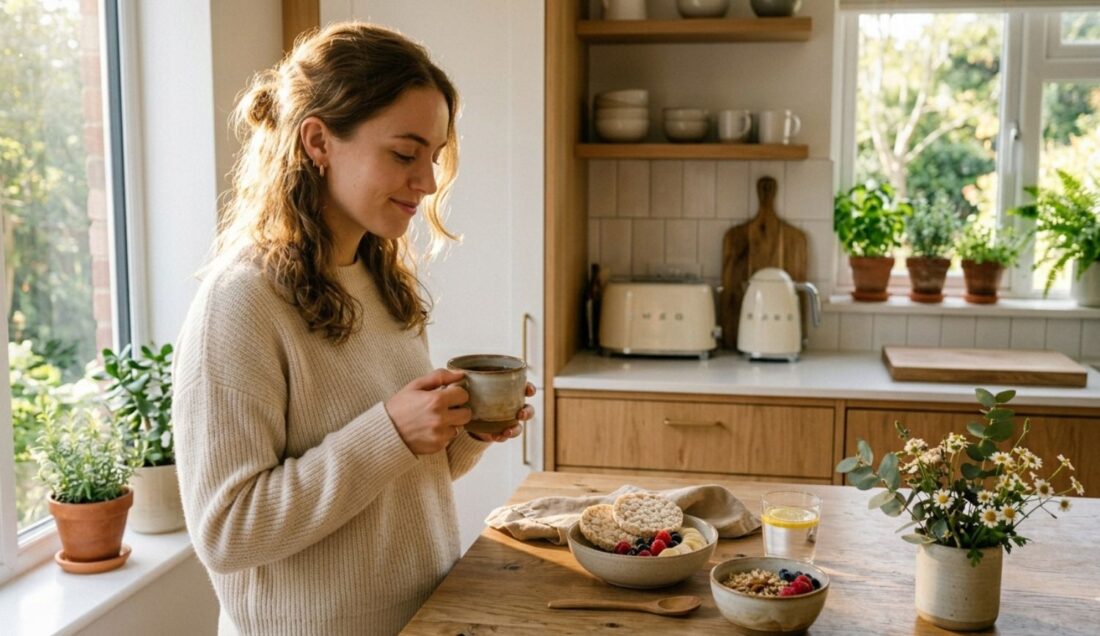 woman standing in a calm kitchen looking at simple low histamine breakfast ideas with oats fruit and minimal setup