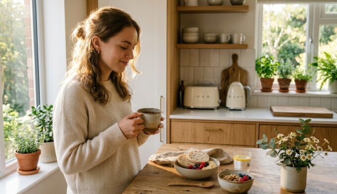 woman standing in a calm kitchen looking at simple low histamine breakfast ideas with oats fruit and minimal setup