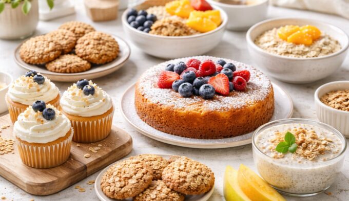 Low histamine desserts including olive oil cake, cupcakes, oat cookies, and fresh fruit options on a clean table