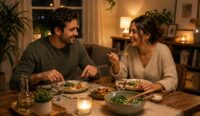 couple enjoying simple Low Histamine Dinner Ideas at home in a cozy evening setting with warm lighting and minimal meal setup