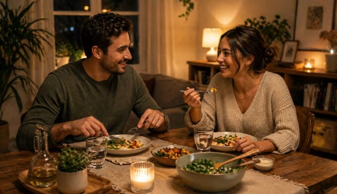 couple enjoying simple Low Histamine Dinner Ideas at home in a cozy evening setting with warm lighting and minimal meal setup