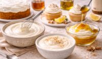 Three low histamine frosting recipes including coconut cream, olive oil glaze, and coconut yogurt served with cupcakes and cake