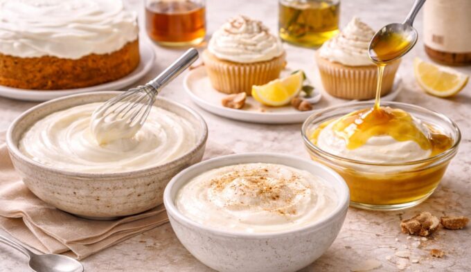 Three low histamine frosting recipes including coconut cream, olive oil glaze, and coconut yogurt served with cupcakes and cake