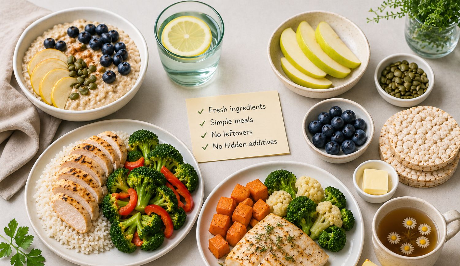 low histamine meal plan showing simple breakfast lunch dinner and snacks with fresh ingredients