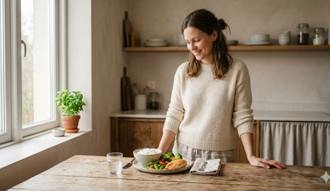 woman smiling and thinking what to eat with histamine intolerance on table with fresh foods and clean kitchen setting